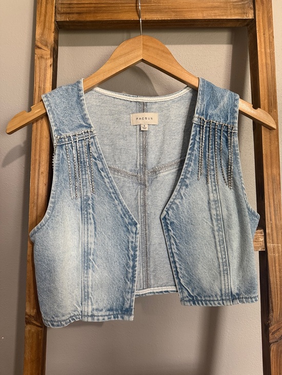 PacSun Tops - PacSun Light Blue Cropped Denim Vest with Silver Chain Fringe